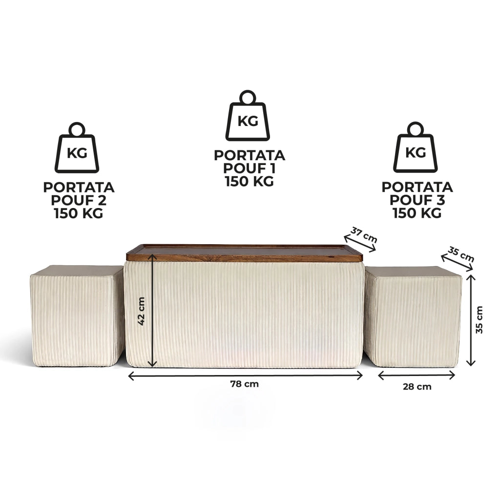 Set 3 Pouf Contenitore Quadrati con Tavolino Rettangolare da Salotto in Velluto e Coperchio in Legno, 2 Pouf Interni Salvaspazio, Tavolino Contenitore Moderno,Poggiapiedi, Seduta Imbottita Beige