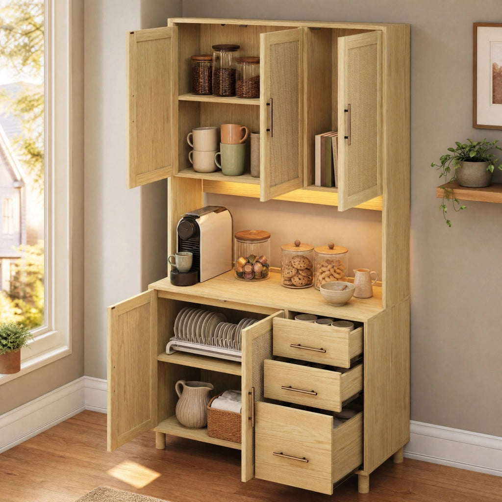 Credenza da cucina con LED multicolore controllabile via app; 100x40x183 cm; MDF naturale