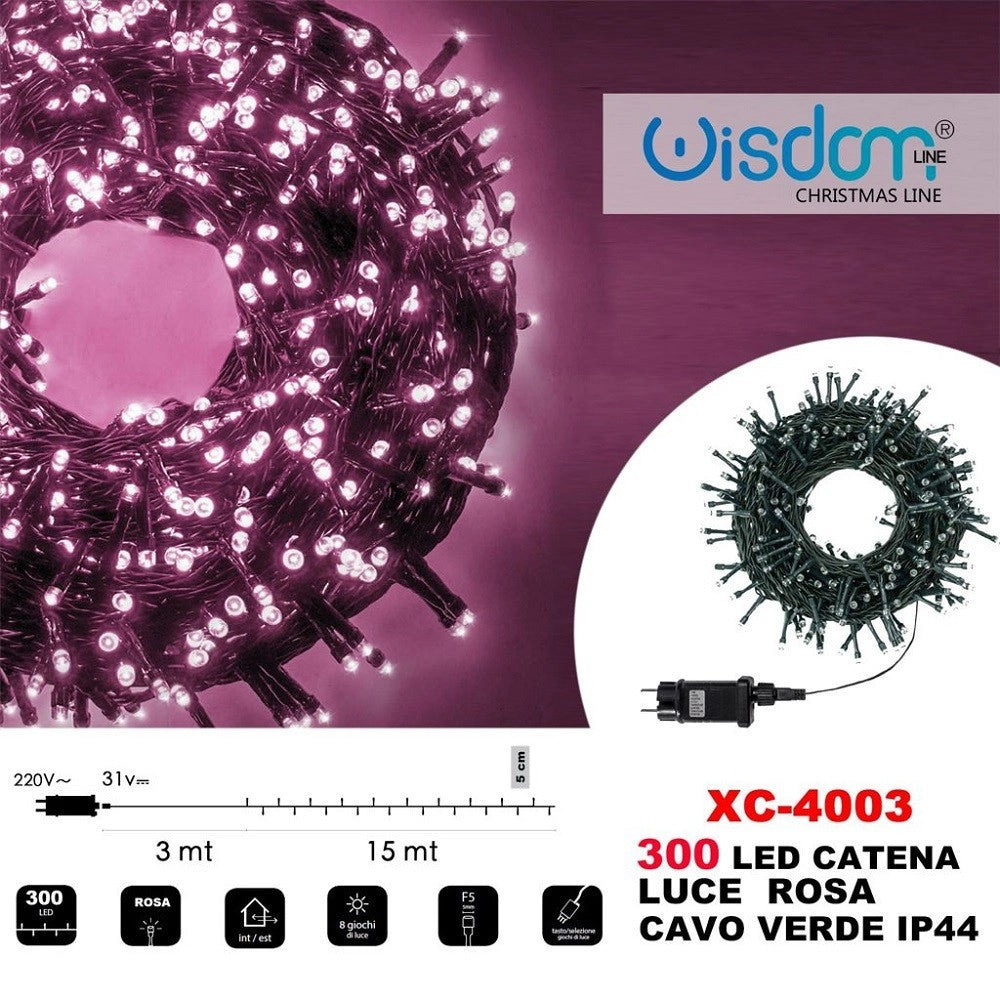 Trade Shop - Catena Luminosa 300 Luci Led Lucciole Luce Rosa Cavo Verde Ip44 Xc-4003 -