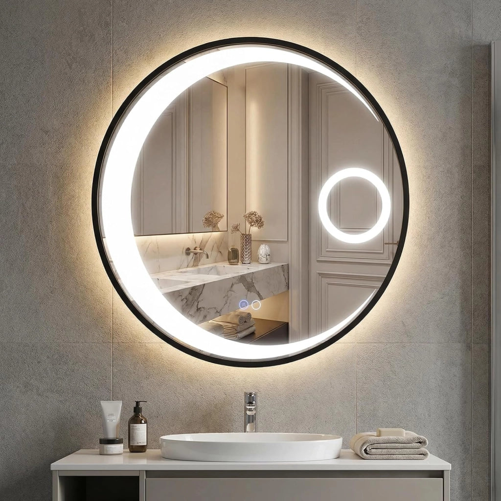 Specchio Bagno con Luce LED da 61 cm, Specchio Rotondo da Parete con Lente d'Ingrandimento 3X, Antiappannamento, 3 Colori Luce, 3000K-6500K, Luminosità Regolabile, IP44