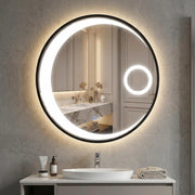 Specchio Bagno con Luce LED da 61 cm, Specchio Rotondo da Parete con Lente d'Ingrandimento 3X, Antiappannamento, 3 Colori Luce, 3000K-6500K, Luminosità Regolabile, IP44