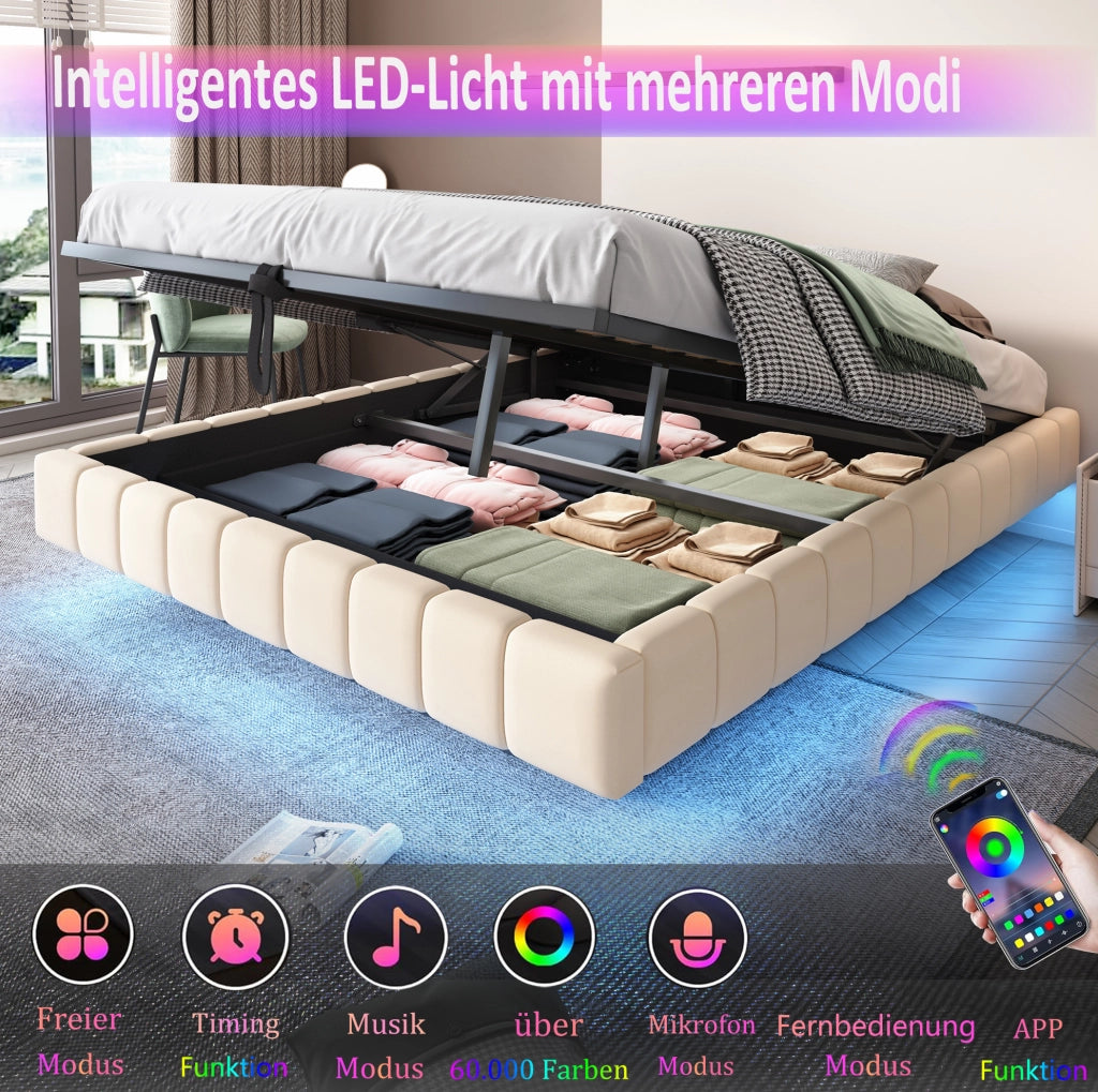 Letto imbottito 180x200 cm con contenitore; LED a colori e struttura sospesa; lino beige