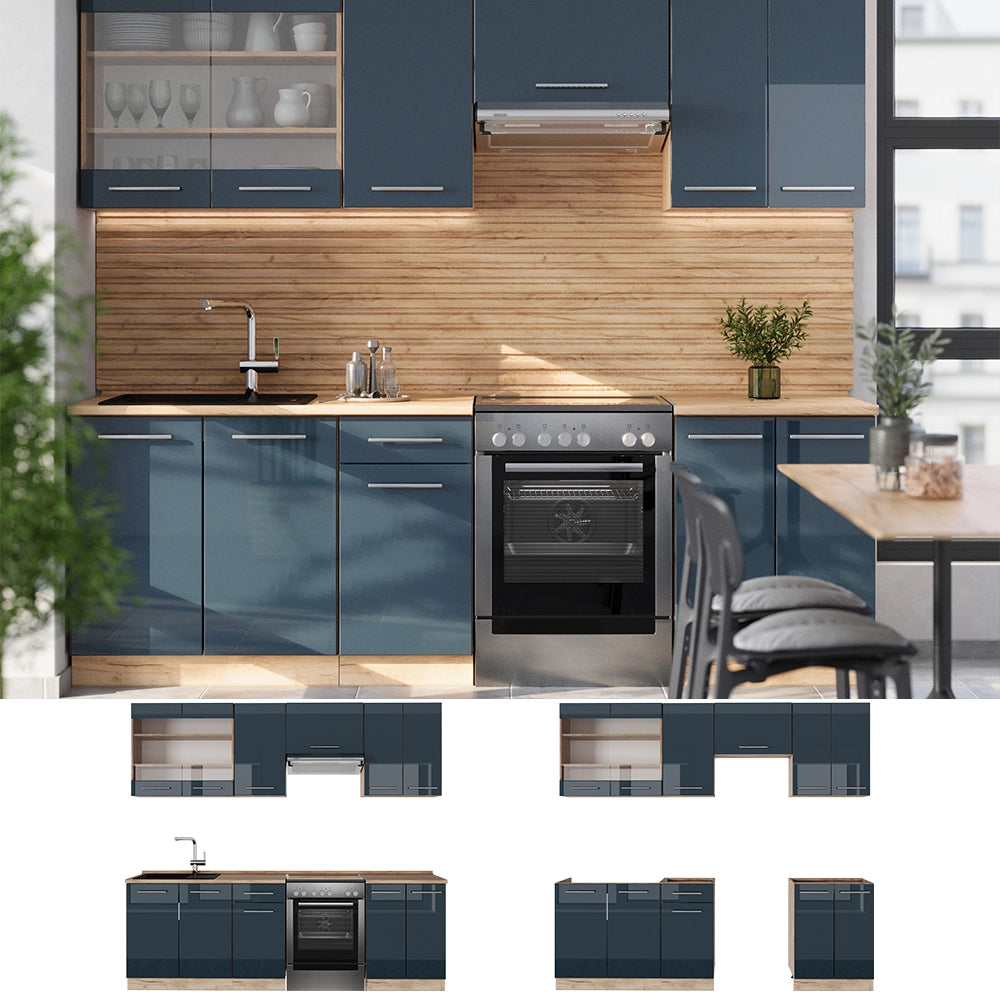 Cucina componibile Fame-Line Blu scuro lucido/Rovere dorato 240 cm, PL Antracite Vicco