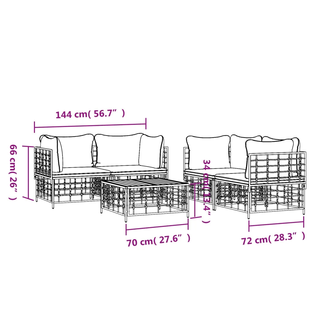 Set Divani da Giardino 5 pz | Set Salotto da Giardino con Cuscini Antracite in Polyrattan