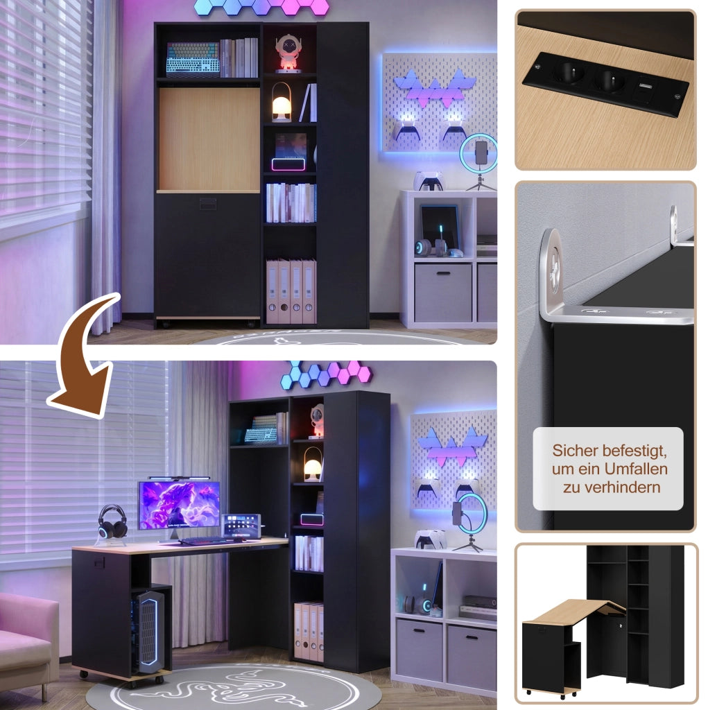 Scrivania pieghevole 2-in-1 con scaffale, prese USB, Nero/Rovere