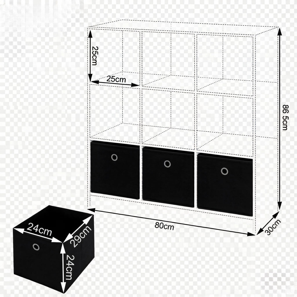 Scaffale a cubi freestanding con 3 cassetti in tessuto, libreria moderna in legno ingegnerizzato
