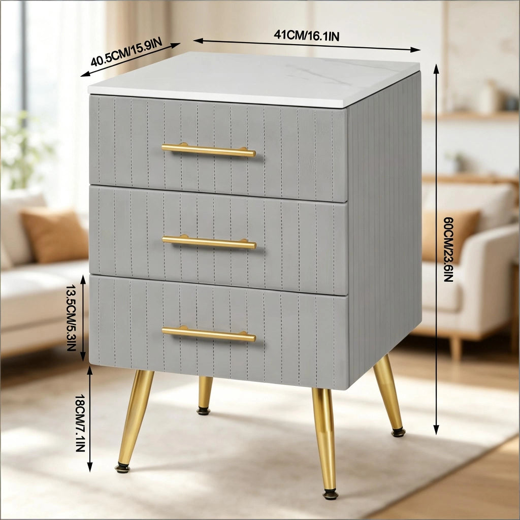 Comodino moderno in velluto grigio con 3 cassetti, struttura in MDF e gambe in metallo