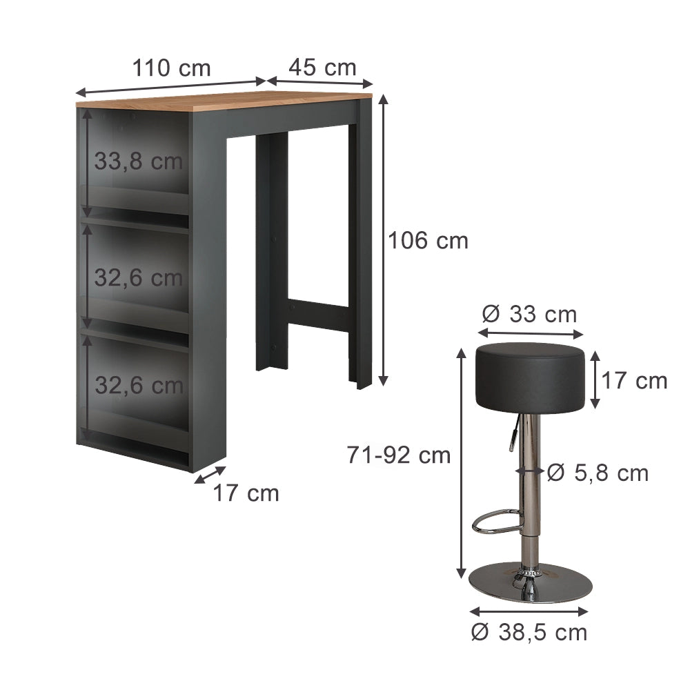 Vicco tavolo bar con sgabelli Antracite/quercia dorata 45 x 110 cm con 2 sgabelli da bar