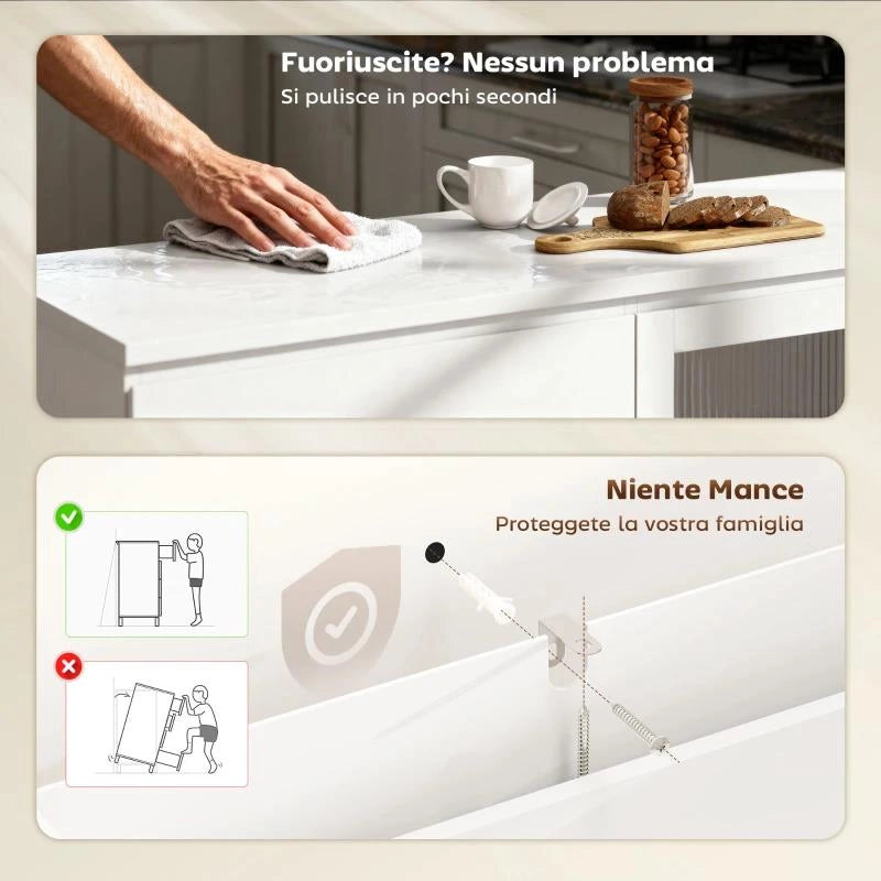 CREDENZA BUFFET IN LEGNO CON 4 CASSETTI E ARMADIETTO CON ANTE IN VETRO E RIPIANI REGOLABILI, 120X40X91 CM, BIANCO