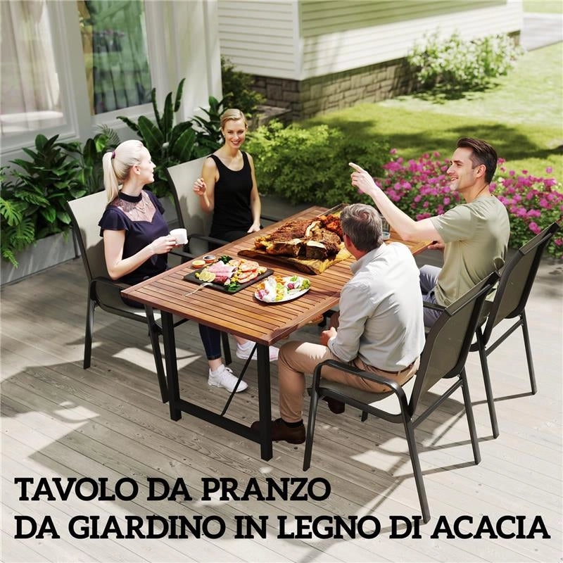TAVOLO DA GIARDINO 160X90 CM IN LEGNO DI ACACIA E ACCIAIO CON PIANO A DOGHE, TEAK