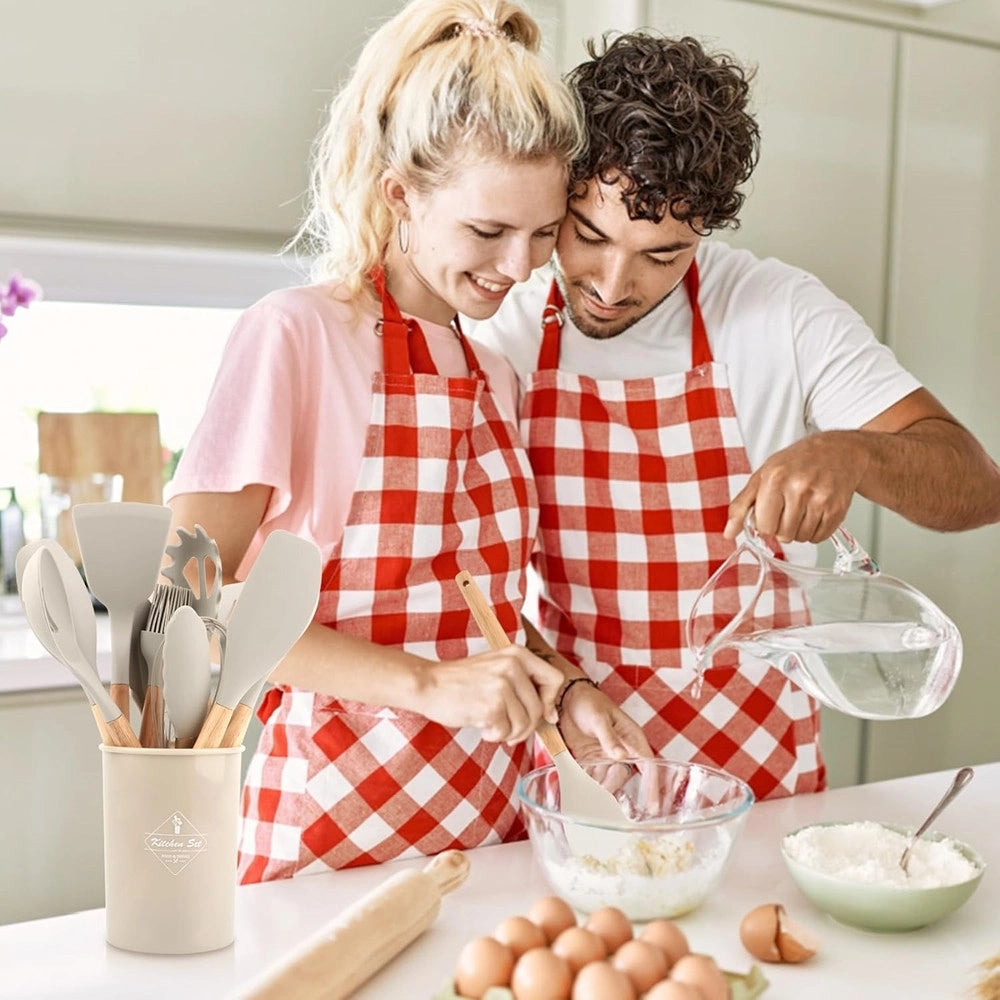 Trade Shop - Set 12 Attrezzi Cucina In Silicone Antiaderente Con Porta Utensili Manico In Legno -