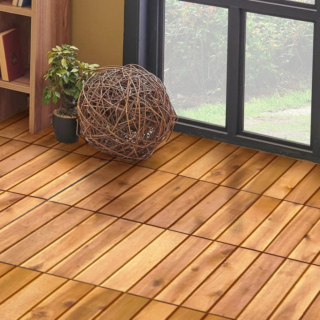 Piastrelle da Esterni Pavimento da Giardino in Legno di Acacia, 27 Piastrelle da Giardino con Design a Incastro, Piastrelle per Pavimentazione Impermeabili con La Base in Plastica (Modello 2)