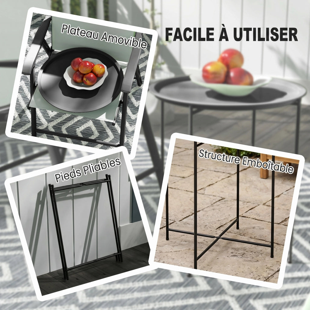 Tavolino da Giardino Pieghevole con Vassoio ¨C Zephmum ¨C Nero Acciaio ?46x50 cm