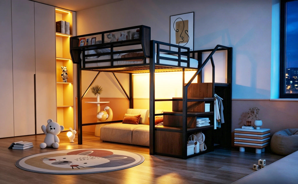 Letto a soppalco 140 × 200 cm con LED, scala di sicurezza e ripiano regolabile, senza materasso, metallo nero