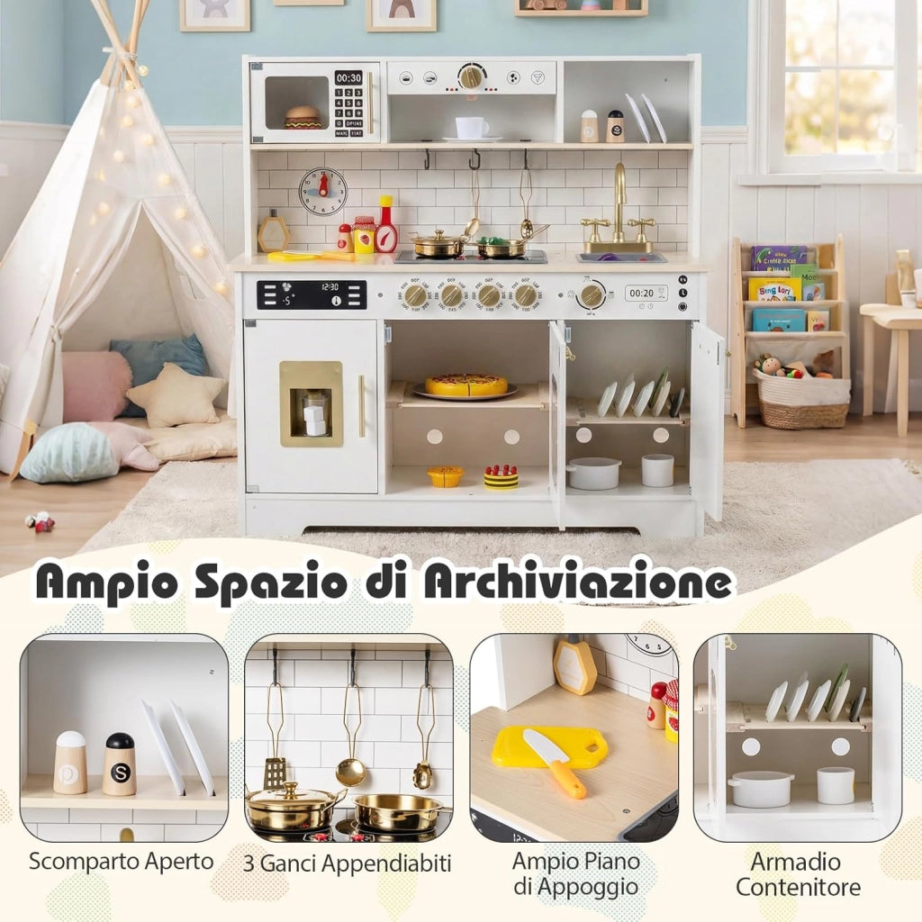 Cucina Giocattolo per Bambini, Set Cucina in Legno con Luci e Suoni Realistici, Fornelli, Lavandino, Rubinetto, Forno, Microonde e Macchina del Caffè, per Bambini 3+ Anni (Bianco)