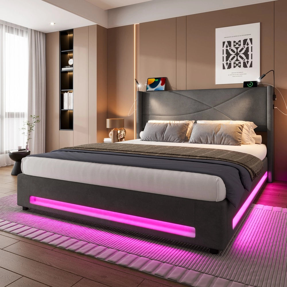 Letto Contenitore con LED, Luci di Lettura, USB e Rete a Doghe ¨C MINIMAL ¨C 140x200