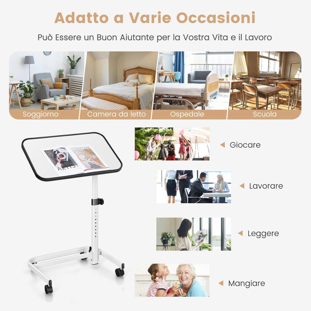 Tavolino da Letto e Divano con Ruote Bloccabili, Tavolino Porta PC con Altezza Regolabile in 9 Posizioni e Piano Inclinabile, Tavolino Servitore Letto per Mangiare e Lavorare (Bianco)