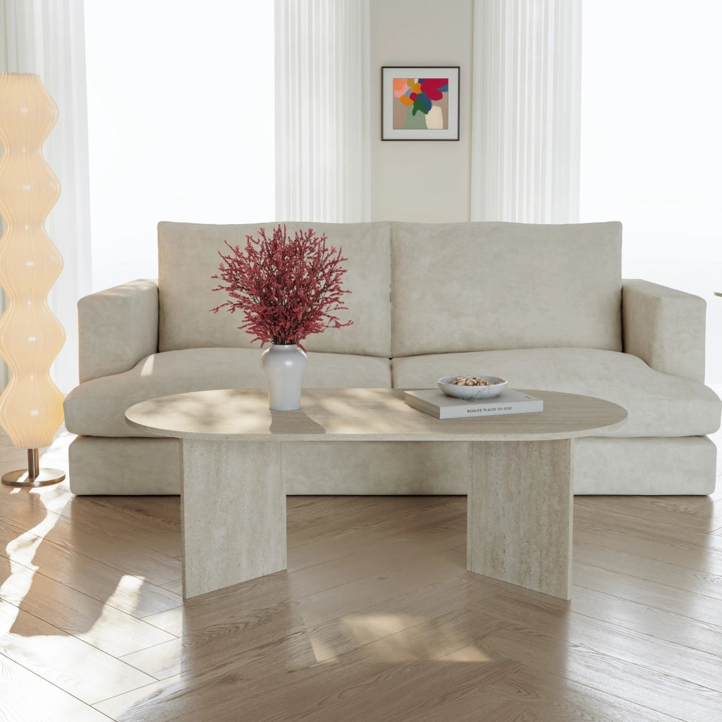 Tavolino da Salotto Kynd con Piano Ovale 119 x 60 x 40 cm - Color Avorio Travertino [en.casa]