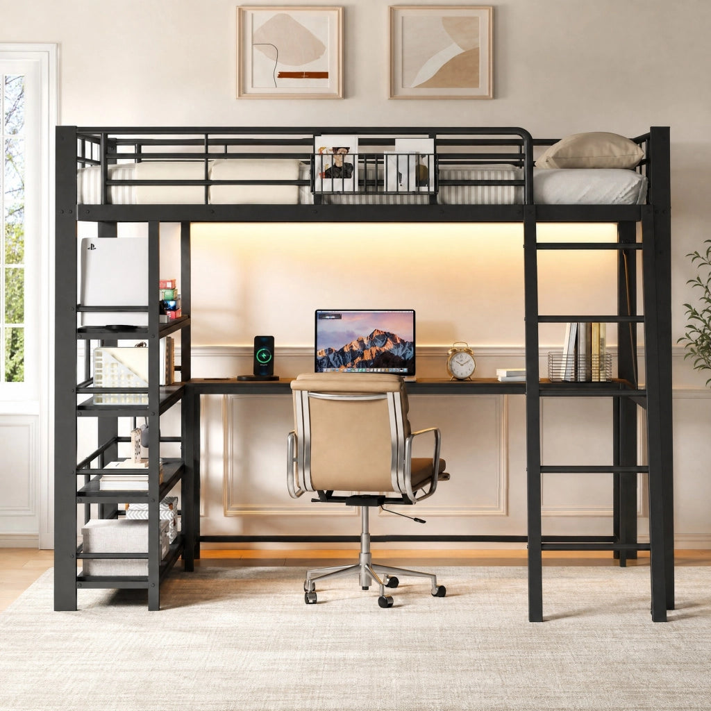 Letto a soppalco 140 × 200 cm con scrivania e ripiani in metallo e MDF nero LED e ricarica