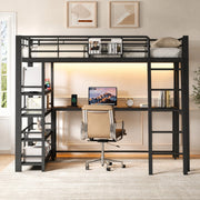 Letto a soppalco 140 × 200 cm con scrivania e ripiani in metallo e MDF nero LED e ricarica