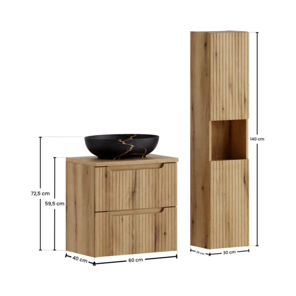 Insieme VANO rovere chiaro 90cm: mobile sottolavabo con cassetti + piano per lavabo + lavabo da appoggio nero marmorizzato + colonna