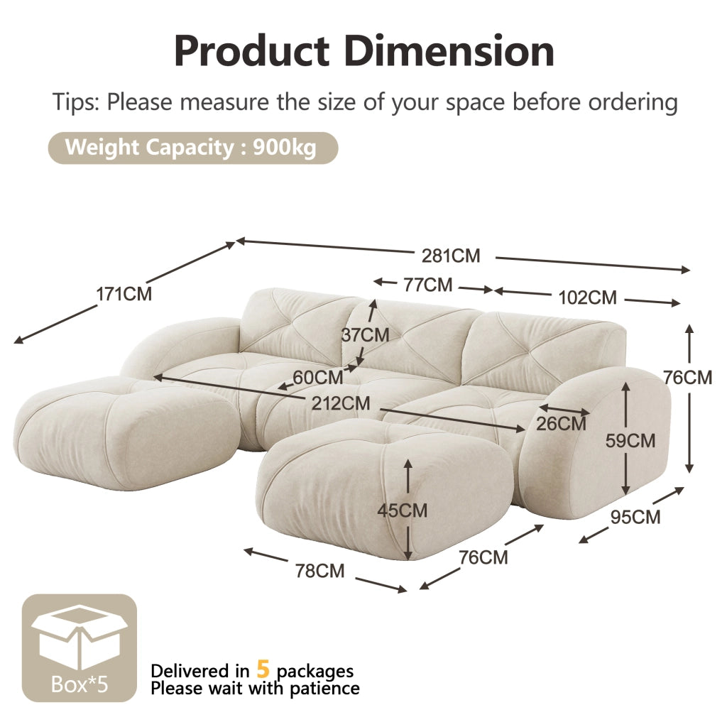 Divano modulare panoramico a U 3 posti con 2 pouf; senza struttura; in ciniglia beige chiaro
