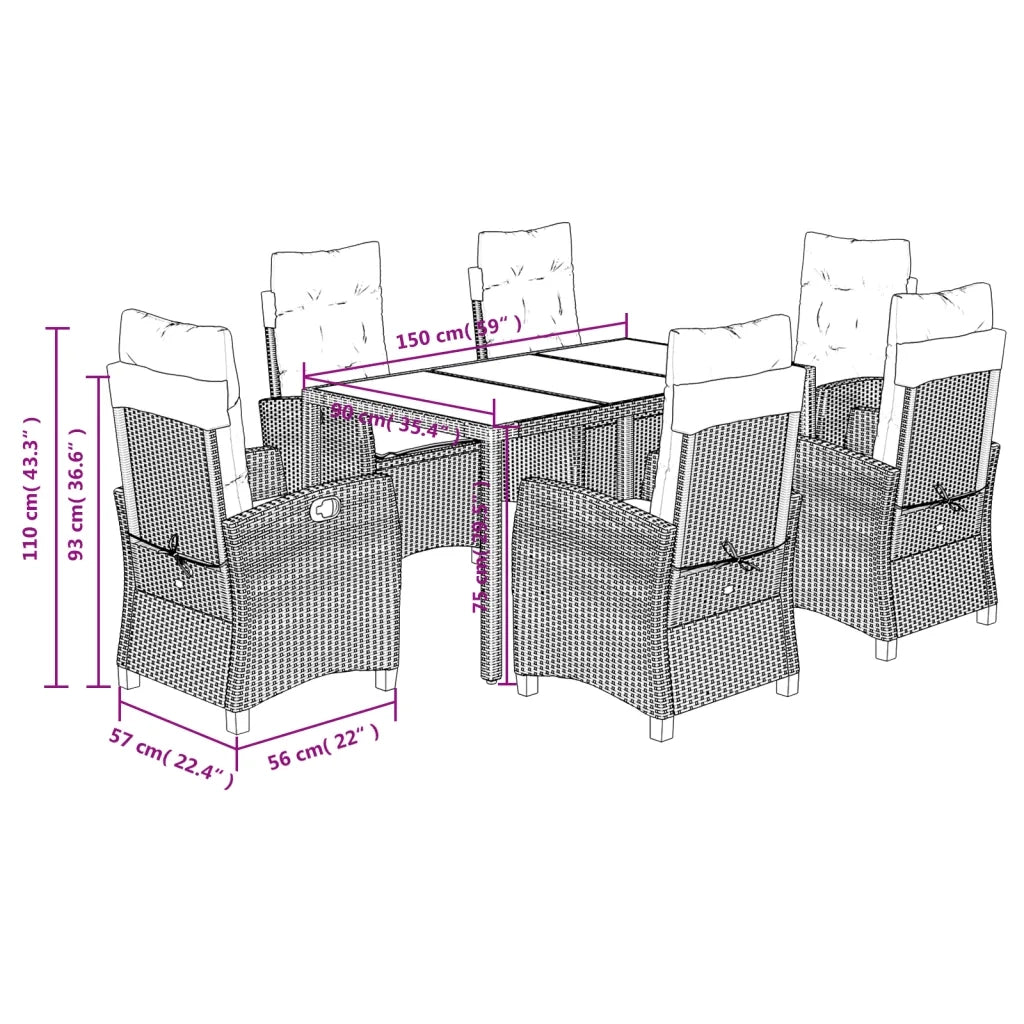 Set da Pranzo da Giardino 7 pz Nero con Cuscini in Polyrattan