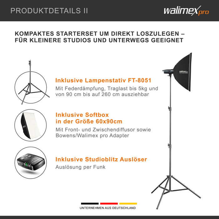 Emerger 200 Set flash fotografico con potenza di 200 Ws, con radio a 2,4 GHz, softbox 60 x 90 cm e treppiede per luci, inclusa borsa per il trasporto