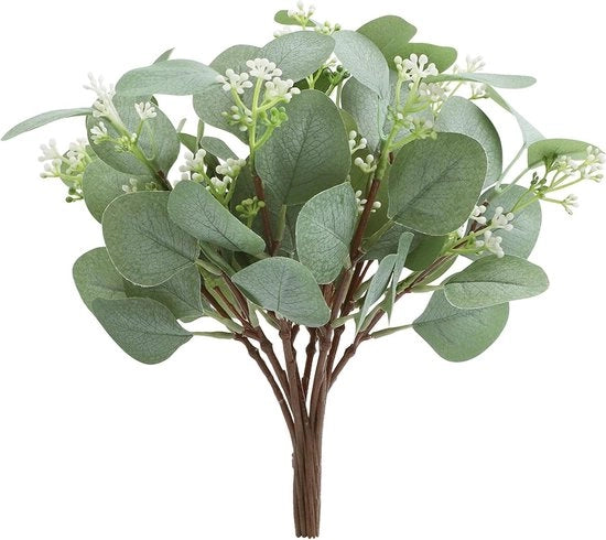 Foglie artificiali di eucalipto - Finta pianta lana eucalipto - Semi bianchi - Decorazione elegante per tavola, fiori per matrimonio, bouquet di fiori per decorazione di matrimonio