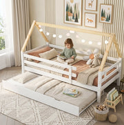 Letto a casetta bianco e naturale 90x200 cm con letto estraibile