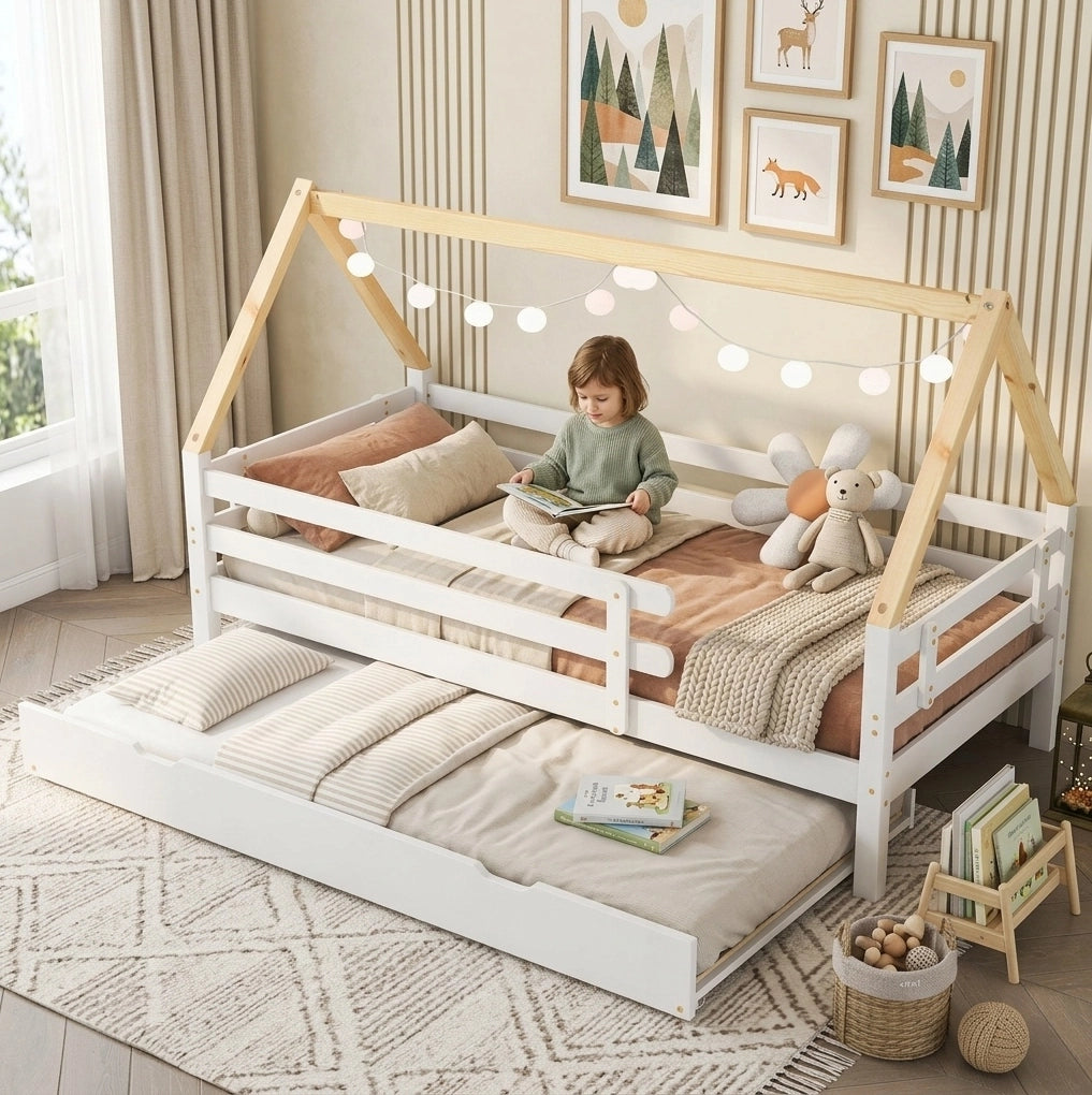 Letto a casetta bianco e naturale 90x200 cm con letto estraibile