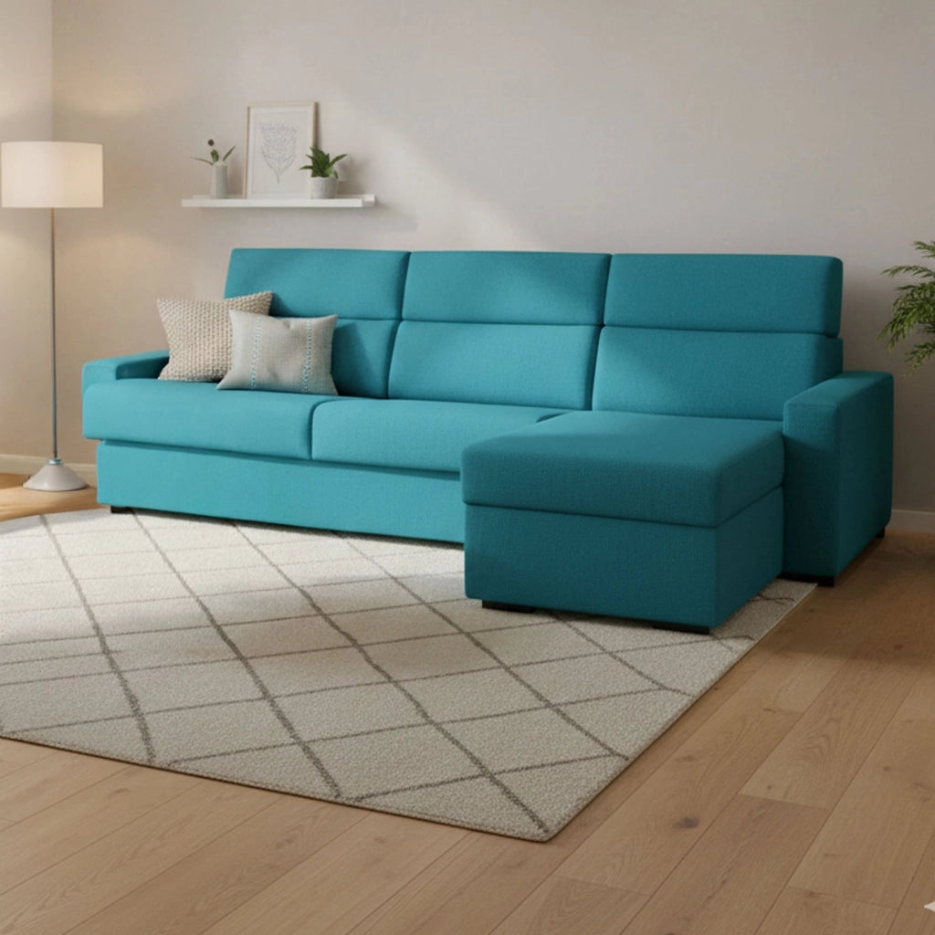 Pusiano, Divano Letto con Penisola Sfoderabile Made in Italy, 280x160 cm Azzurro