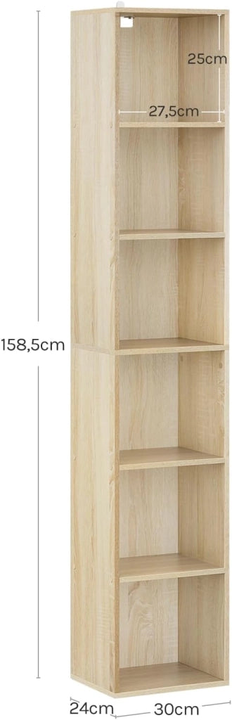 Libreria Verticale 6 Scompartimenti Scaffale per Libri Mobiletto in Legno per Soggiorno Moderno Legno Chiaro 30x24x158,5 cm SK003hei6