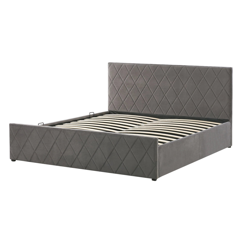 Letto contenitore tappezzeria in velluto grigio matrimoniale 140 x 200 cm con testiera trapuntata a rombi con base a doghe