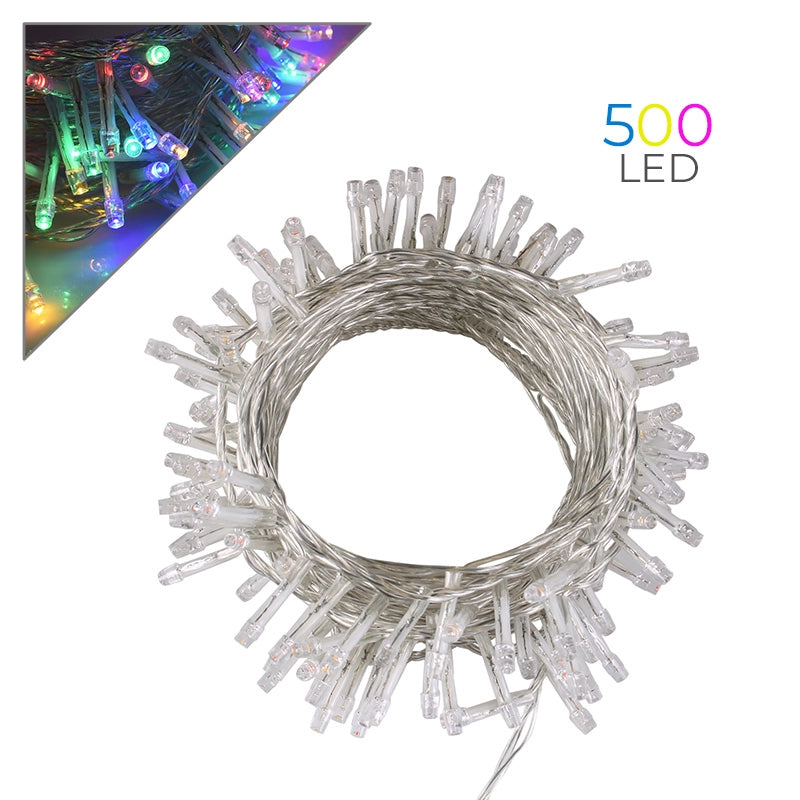 CATENA LUMINOSA LED 500 LUCI MULTICOLORE 25M CON CONTROLLER 8 FUNZIONI DI ILLUMINAZIONE CAVO TRASPARENTE IDEALE PER ESTERNO IP44