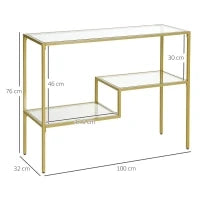 Consolle da Ingresso a 3 Ripiani in Acciaio e Vetro Temperato, 100x32x76 cm, Oro