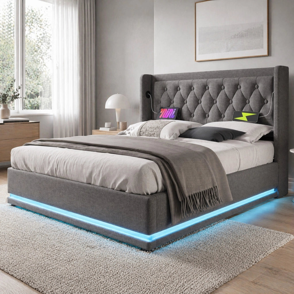 Letto matrimoniale imbottito 180 ¡Á 200 cm con vano contenitore in cotone grigio LED USB e tipo C