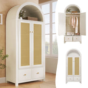 Armadio, decorazioni in vimini, 2 ante con chiusura magnetica, 2 cassetti, ripiani aperti, 181 x 78 x 45 cm, bianco