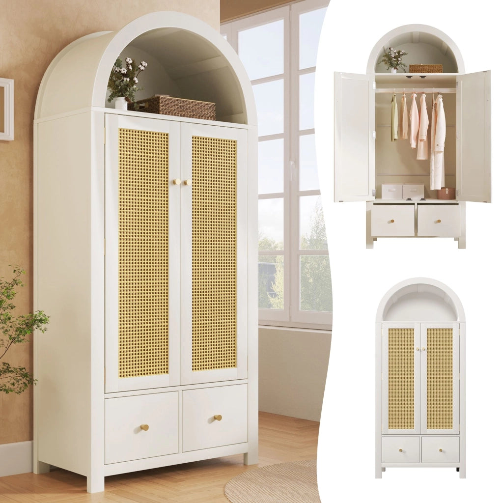 Armadio, decorazioni in vimini, 2 ante con chiusura magnetica, 2 cassetti, ripiani aperti, 181 x 78 x 45 cm, bianco