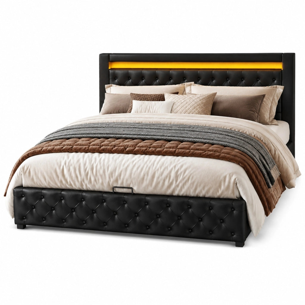 Letto imbottito matrimoniale 180x200 cm con LED, rete a doghe e vano contenitore, nero in PU