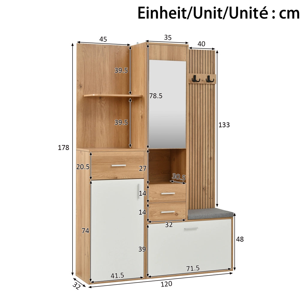 Mobile da ingresso con specchio LED panca appendiabiti e ribalta per scarpe in MDF bianco naturale 120 × 32 × 178 cm