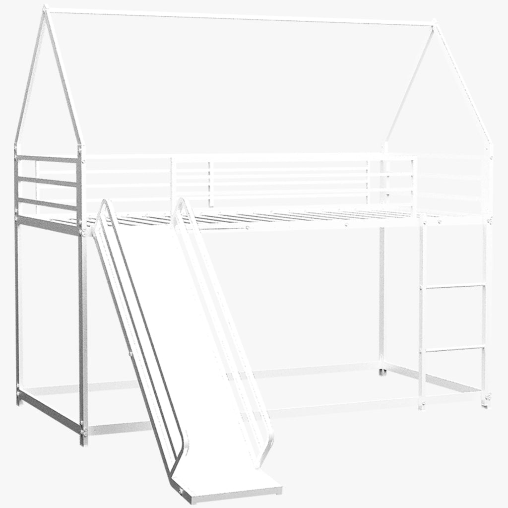 Letto a castello per bambini 90 × 190 cm con scivolo, scala e sponde di sicurezza, senza materasso, in ferro, bianco