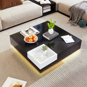 Tavolino da caffè moderno 72x72x30 cm in truciolare nero e bianco lucido con LED
