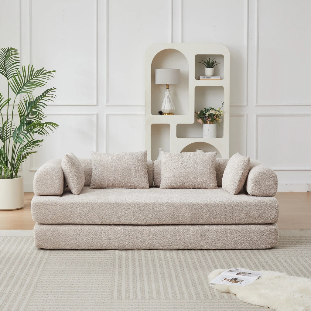 Divano letto modulare con schienale regolabile e 4 cuscini in ciniglia khaki