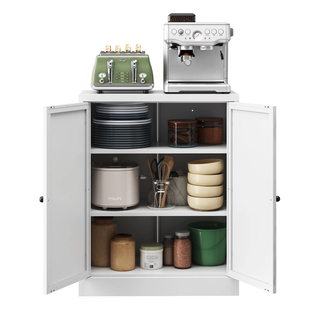 Colonna da cucina con 2 ripiani regolabili; maniglie arrotondate e fissaggio a parete per cucina; in metallo bianco; 88 × 70 × 35 cm