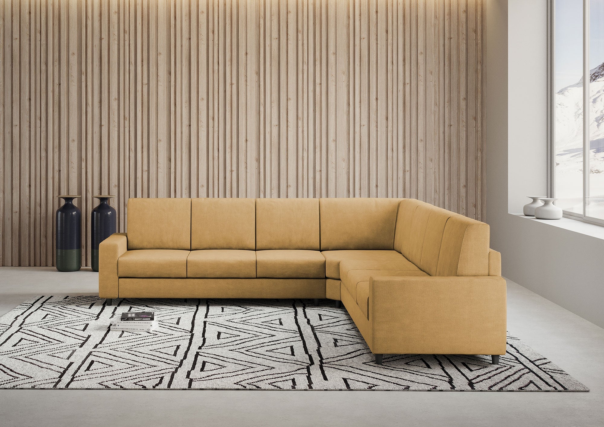 Divano Angolare 7 Posti 286x286x85 cm Sakar in Tessuto Ocra