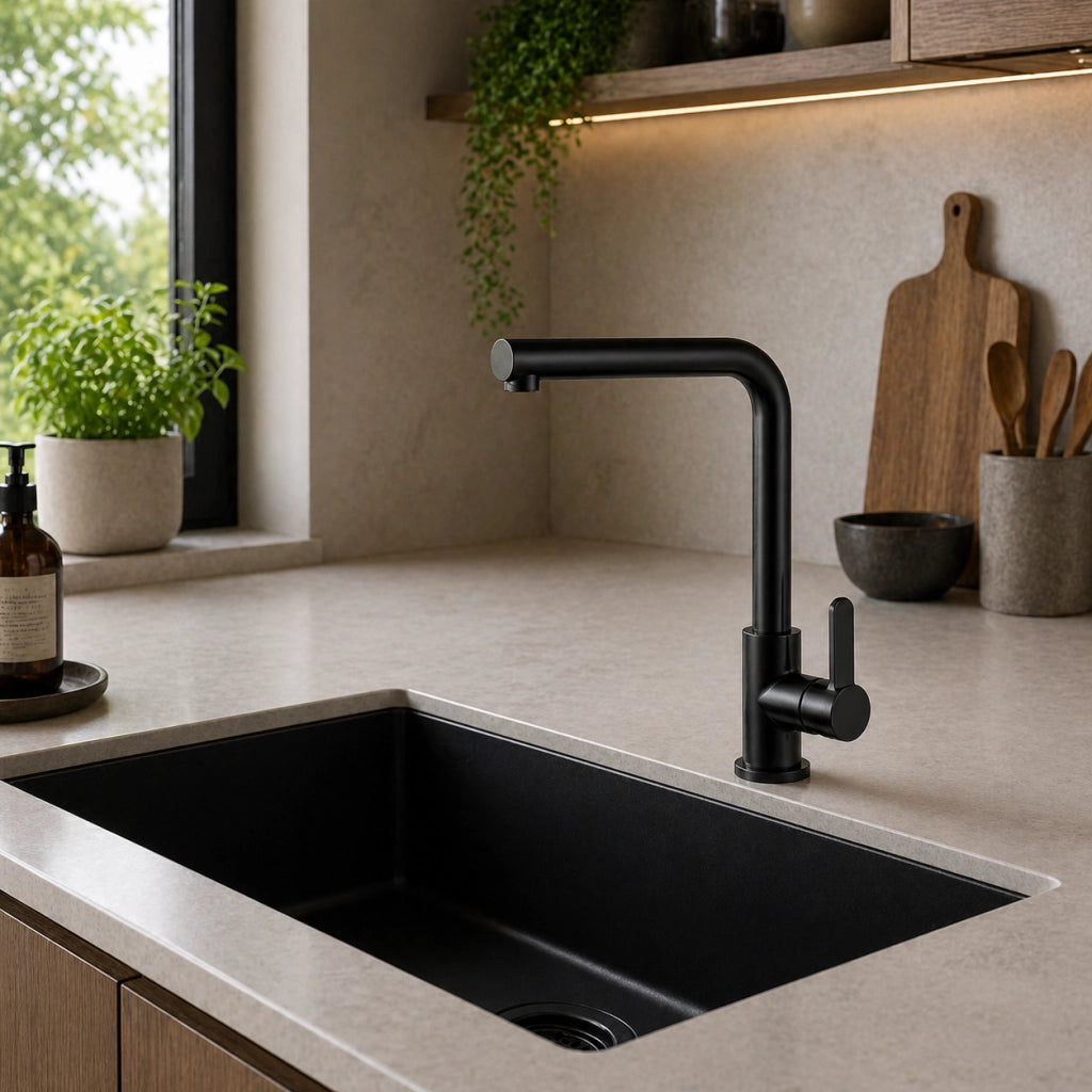 Rubinetto Cucina Nero Opaco Canna Alta Quadrata Girevole Miscelatore Lavello 94027