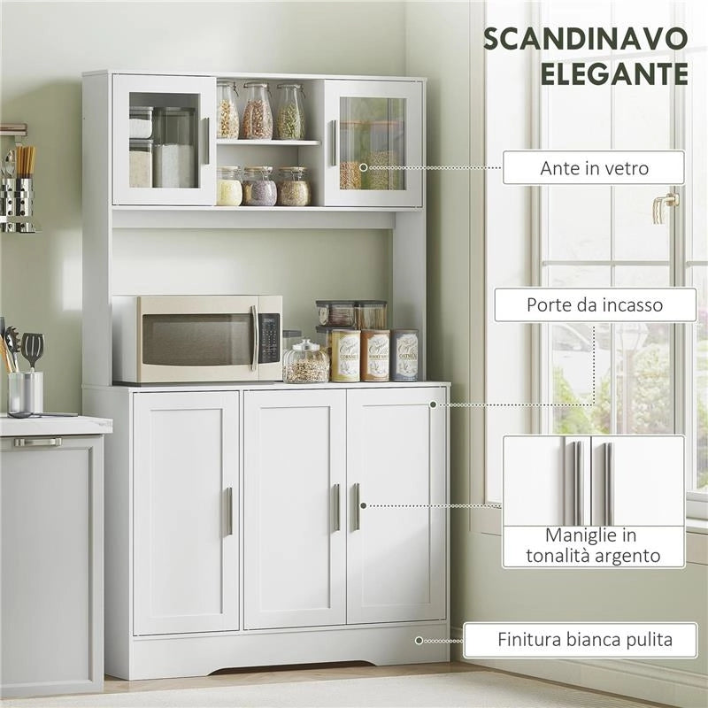 MOBILE DISPENSA CON 4 ARMADIETTI, 2 RIPIANI APERTI E PIANO DA LAVORO, IN LEGNO E VETRO, 108X35X180 CM, BIANCO