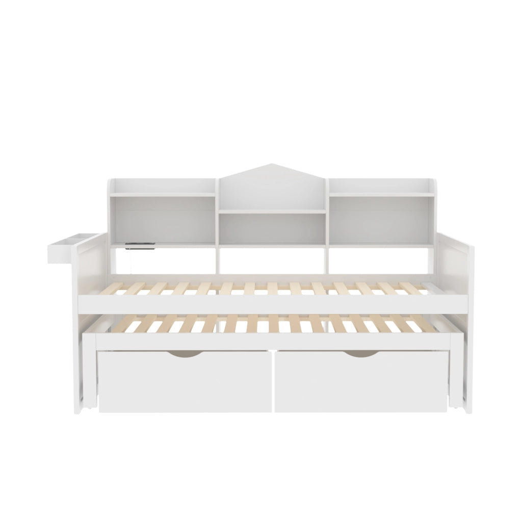 DESMIU Divano letto 90 × 200 cm 1 posto con cassetti, vano, cestino e presa USB, senza materasso, legno, bianco