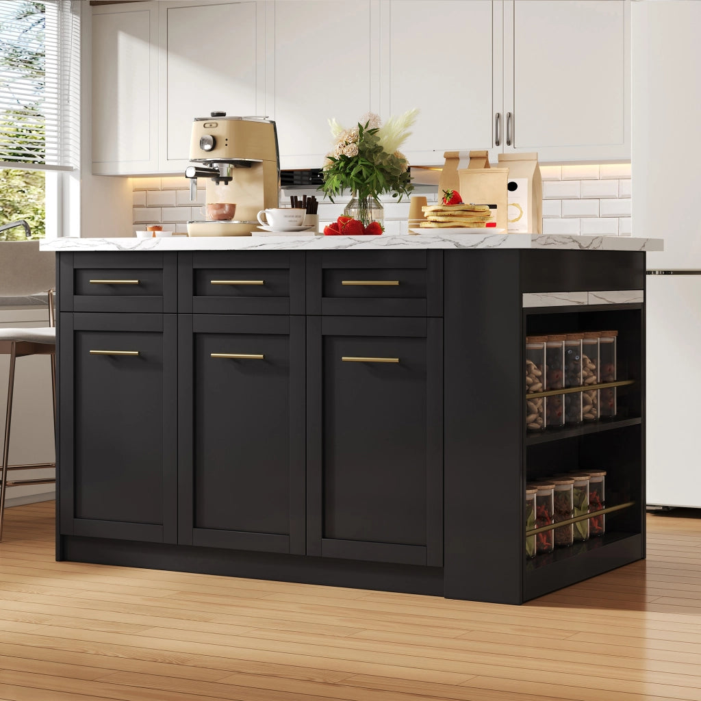 Isola cucina con tavolo estraibile 150x90 cm in MDF nero e marmo bianco